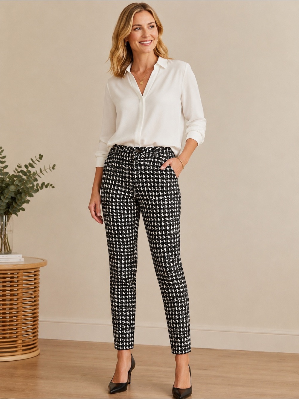 J. McLaughlin Black and White Houndstooth Women’s Stretch Pants 14